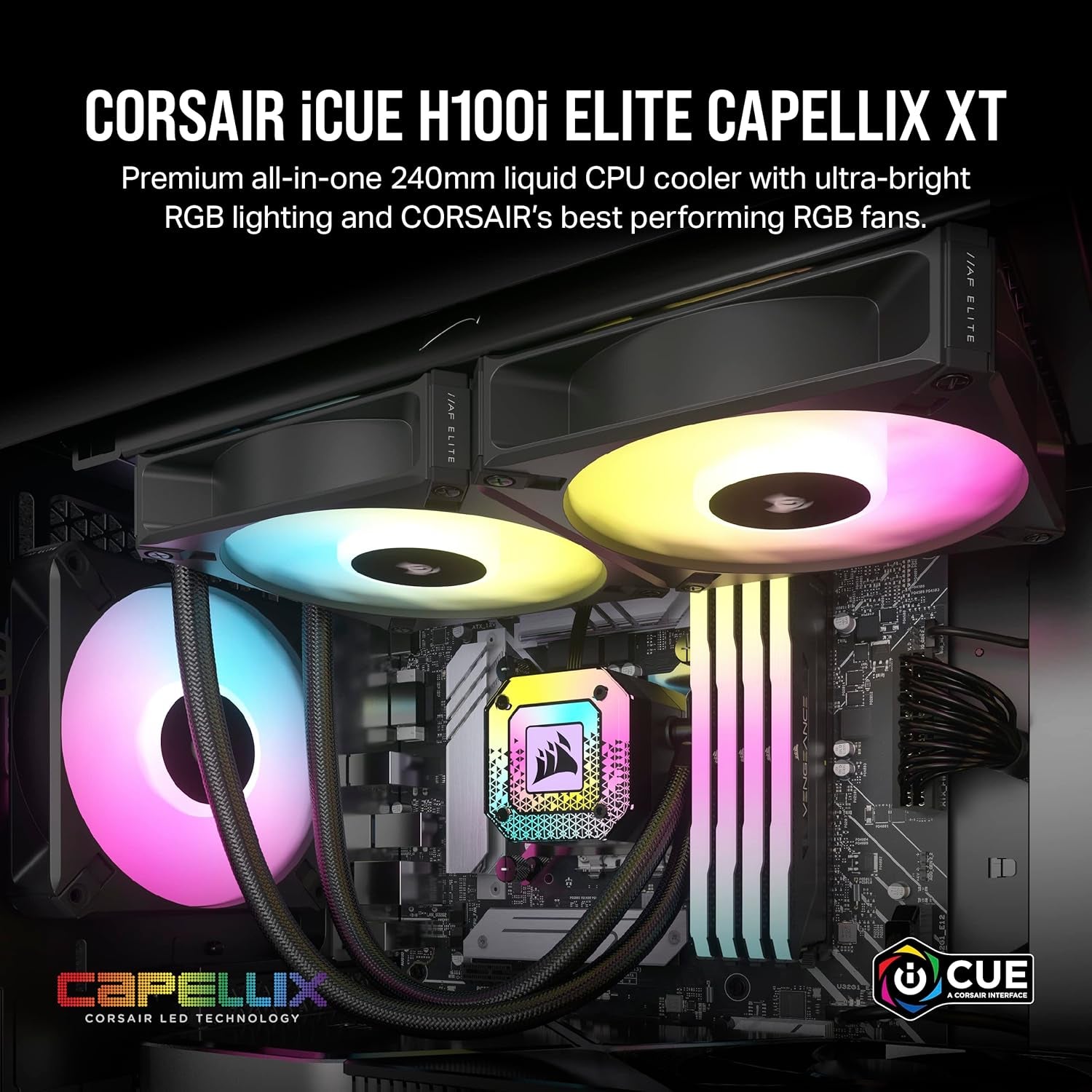 Icue H100I Elite CAPELLIX XT Liquid CPU Cooler - Two AF120 RGB Elite Fans - 240Mm Radiator - Intel® LGA 1700, 1200, 115X, 2066, AMD® AM5, AM4 - Included Icue Commander CORE - Black