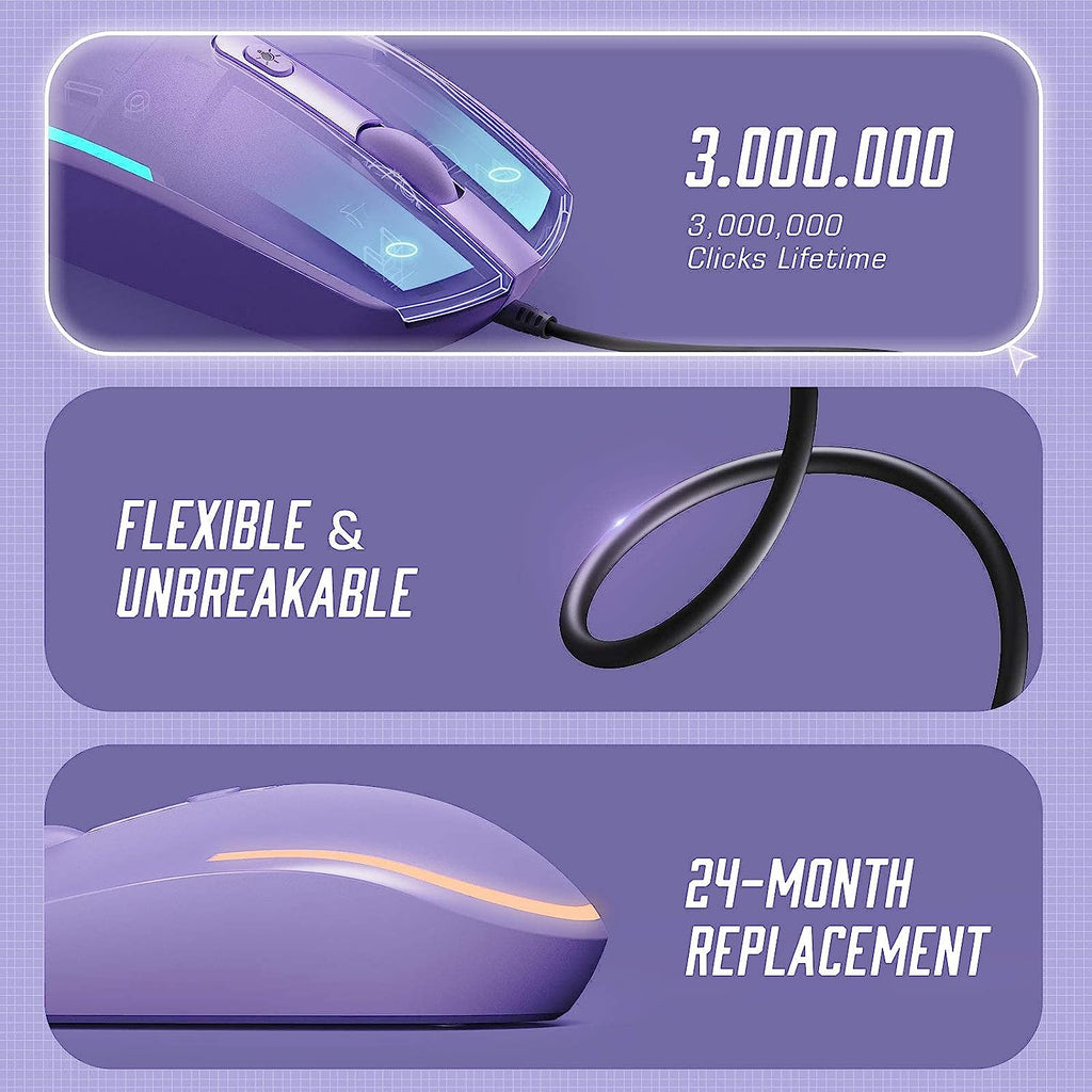 Wired Mouse - USB Computer Mice Wired with RGB Backlit Optical LED Mouse with Attached USB Cord for Laptops Notebooks Chromebook - Purple