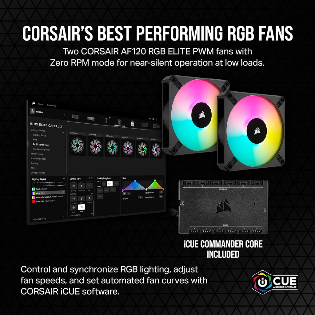 Icue H100I Elite CAPELLIX XT Liquid CPU Cooler - Two AF120 RGB Elite Fans - 240Mm Radiator - Intel® LGA 1700, 1200, 115X, 2066, AMD® AM5, AM4 - Included Icue Commander CORE - Black