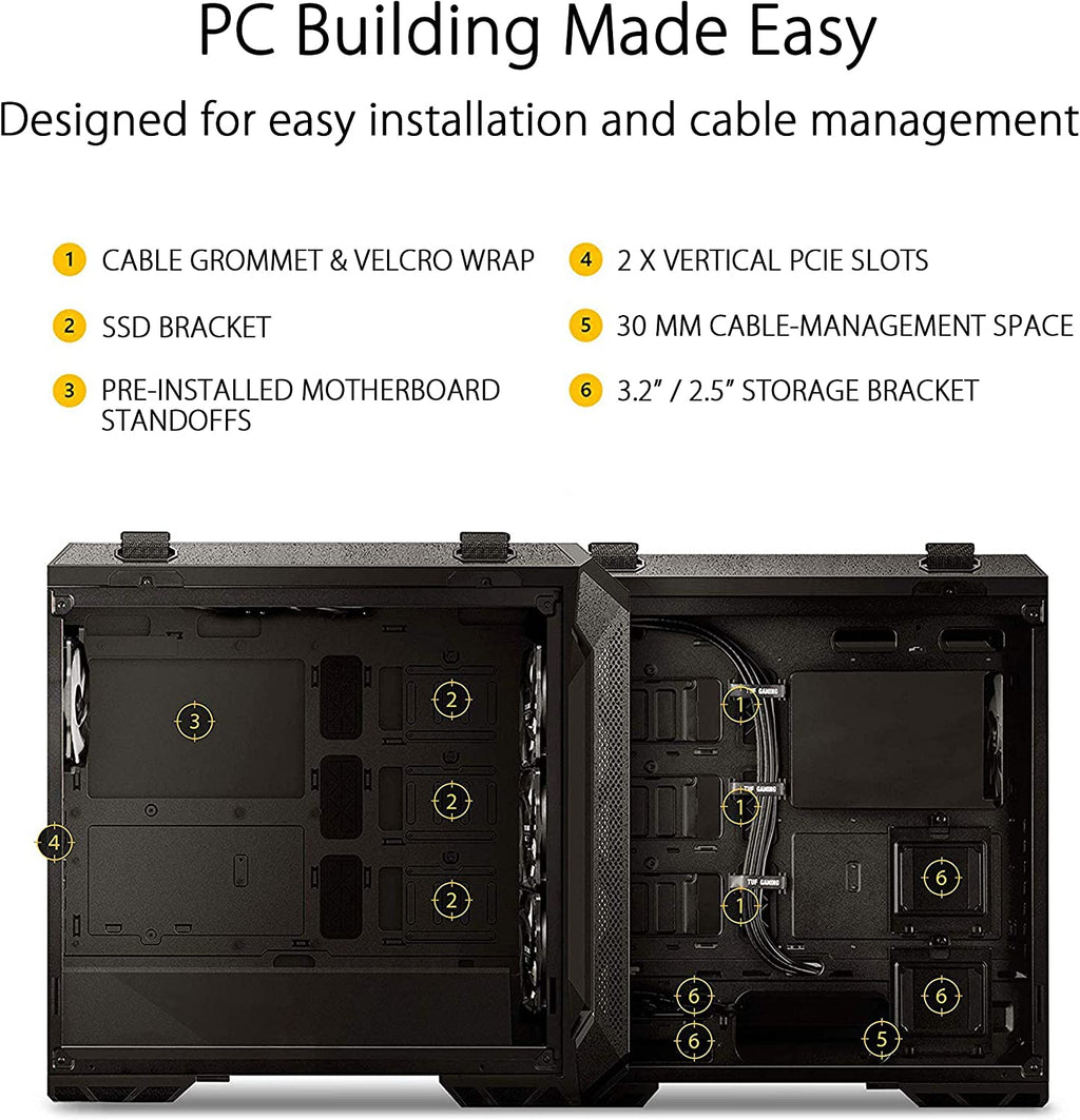 TUF Gaming GT501 Mid-Tower PC Case for up to EATX Motherboards with USB 3.0 Front Panel, Smoked Tempered Glass, Steel Construction, and Four Case Fans