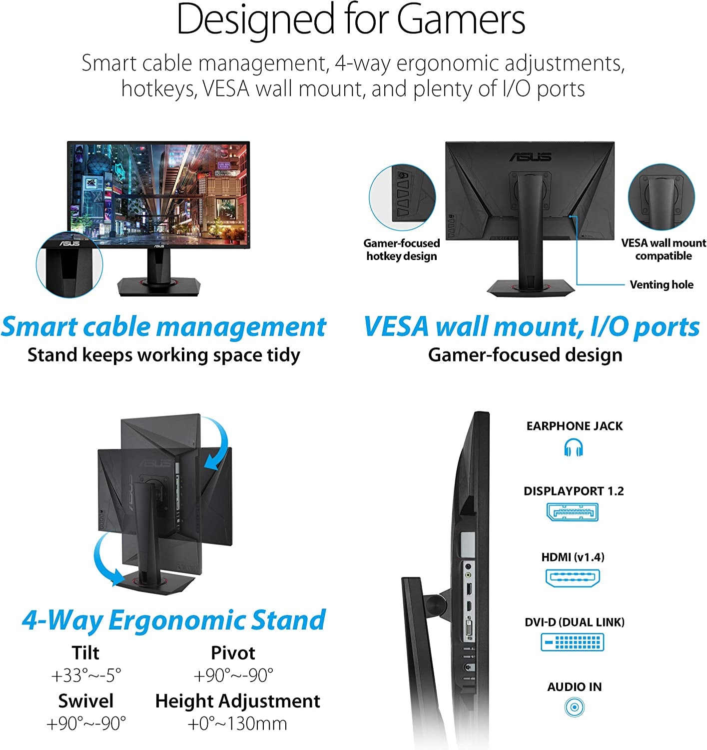 VG248QG 24” G-Sync Compatible Gaming Monitor 165Hz Full HD 1080P 0.5Ms DP HDMI DVI Eye Care