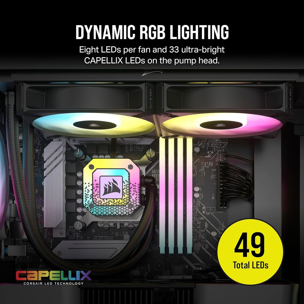 Icue H100I Elite CAPELLIX XT Liquid CPU Cooler - Two AF120 RGB Elite Fans - 240Mm Radiator - Intel® LGA 1700, 1200, 115X, 2066, AMD® AM5, AM4 - Included Icue Commander CORE - Black