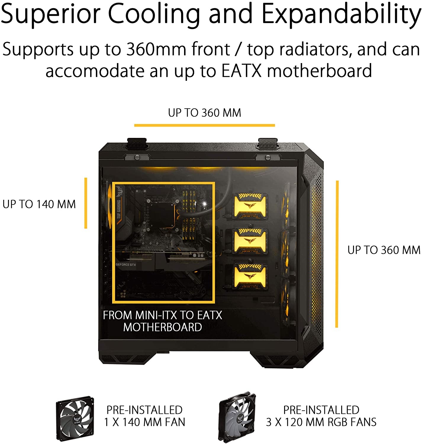 TUF Gaming GT501 Mid-Tower PC Case for up to EATX Motherboards with USB 3.0 Front Panel, Smoked Tempered Glass, Steel Construction, and Four Case Fans