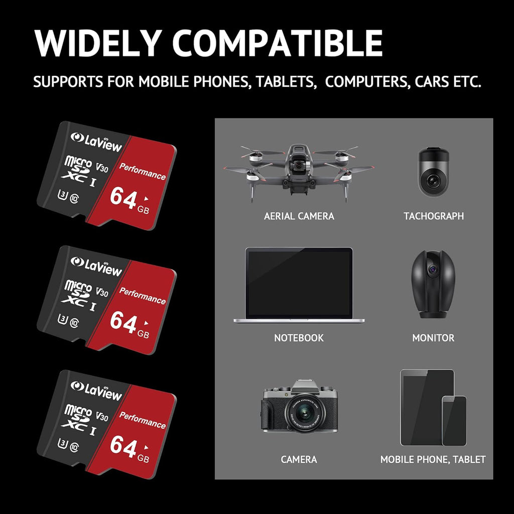 64GB Micro SD Card 3 Pack, Micro SDXC UHS-I Memory Card – 95Mb/S,633X,U3,C10, Full HD Video V30, A1, FAT32, High Speed Flash TF Card P500 for Computer with Adapter/Phone/Tablet/Pc