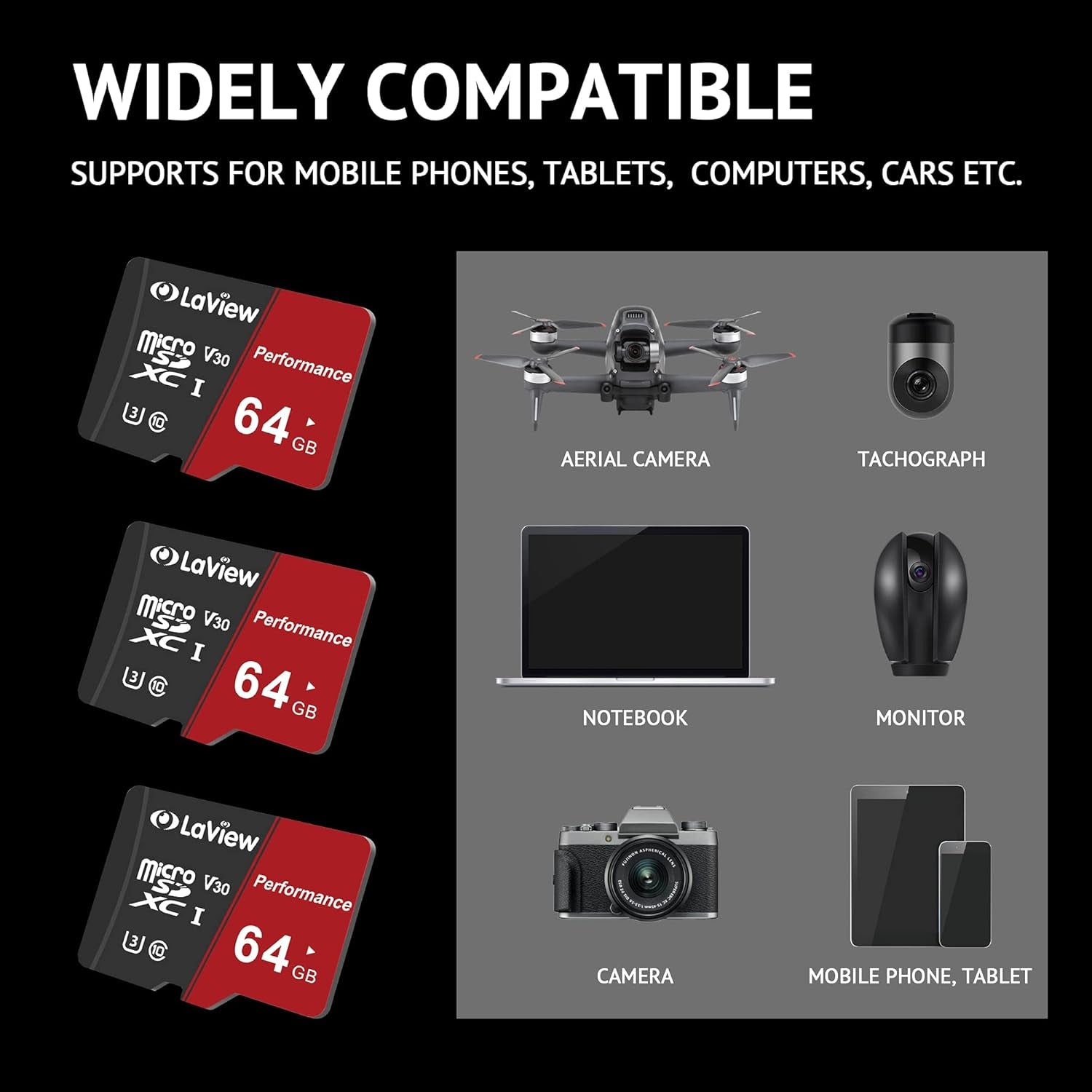 64GB Micro SD Card 3 Pack, Micro SDXC UHS-I Memory Card – 95Mb/S,633X,U3,C10, Full HD Video V30, A1, FAT32, High Speed Flash TF Card P500 for Computer with Adapter/Phone/Tablet/Pc