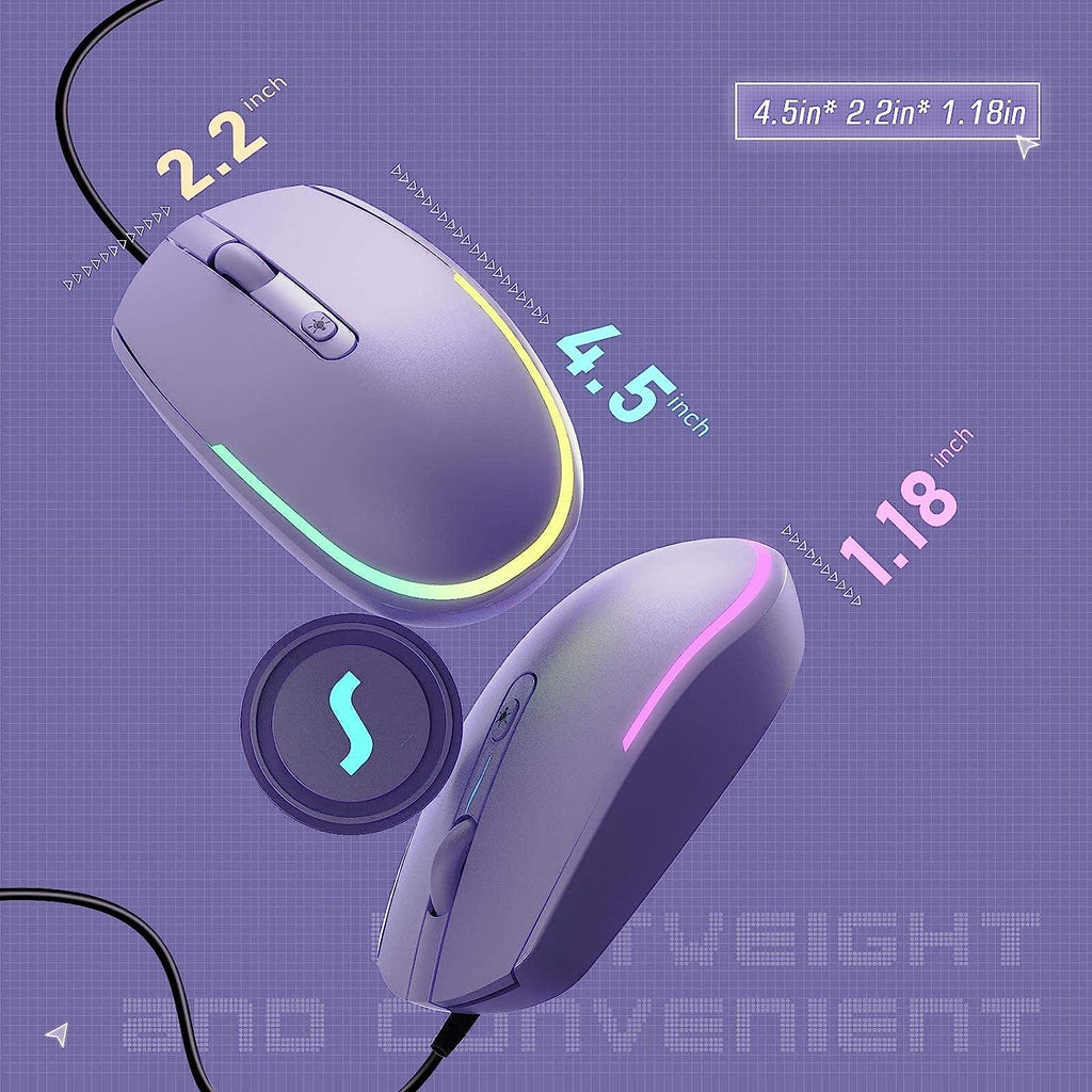 Wired Mouse - USB Computer Mice Wired with RGB Backlit Optical LED Mouse with Attached USB Cord for Laptops Notebooks Chromebook - Purple